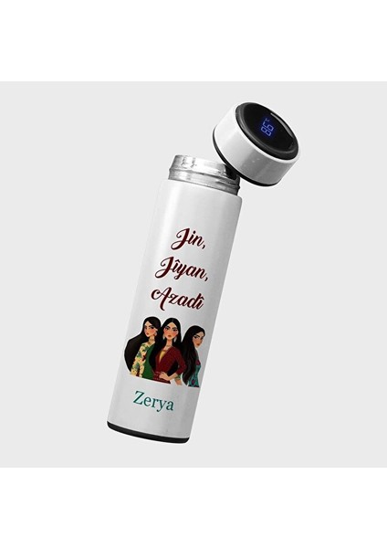 Isme Özel Jin Jiyan Azadi Dijital Göstergeli Çelik Termosu - 450 Mlt (Isim Için Mesaj Atınız)