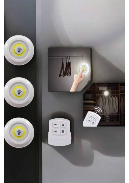 Spot Lamba LED Işık 3'lü Uzaktan Kumandalı Pilli Yapışkanlı Kablosuz - UD001X-50R6M7 fırsatları