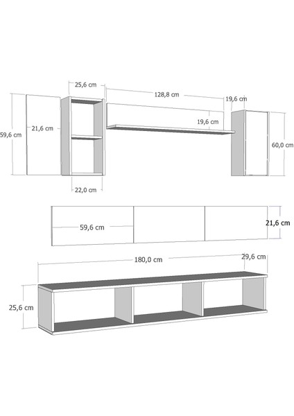 1334TV180-1CT Duvara Montaj Tv Sehpası, Tv Ünitesi Antrasit-Gümüş