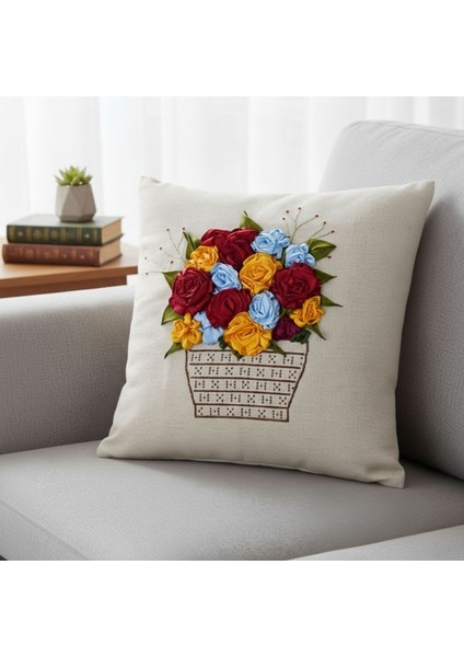 2602 El Yapımı Dekoratif Kurdela Nakışı Işlemeli Kırlent / Yastık Kılıfı