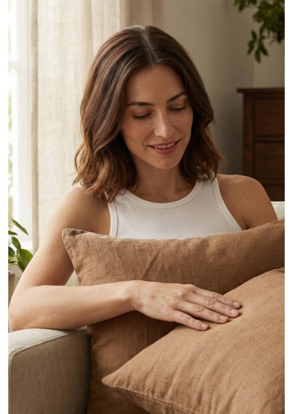 Lona Keten Düğmeli Kırlent Kılıfı 2'li 40x40 Hardal