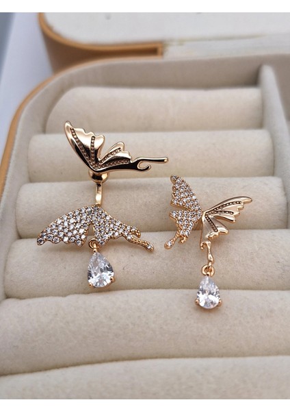 Vip Seri Rosegold Renk Zirkon Taşlı Kelebek ve Yaprak Model Küpe