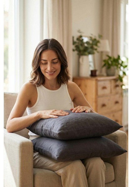 Lona Keten Düğmeli Kırlent Kılıfı 2'li 40x40 Gri