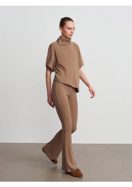 71910 Yüksek Bel Örme Pantolon-Vizon