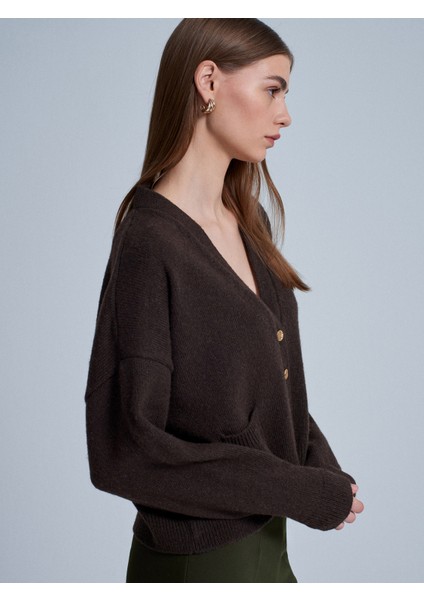 60999 Yün Karışımlı Cep Detaylı Triko Hırka-Kahve