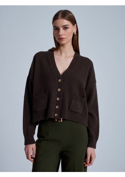 60999 Yün Karışımlı Cep Detaylı Triko Hırka-Kahve fiyatları