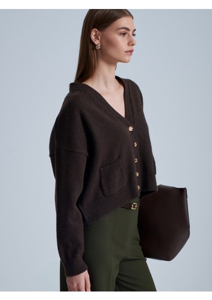 60999 Yün Karışımlı Cep Detaylı Triko Hırka-Kahve fırsatları