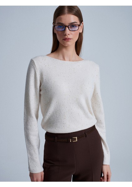 10836 Yün Karışımlı Parıltılı Kayık Yaka Kazak-Krem fırsatları