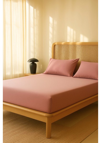 Pamuklu Gül Kurusu Rengi Lastikli Çarşaf + 2' Li Yastık Kılıfı - Battal Ölçüler