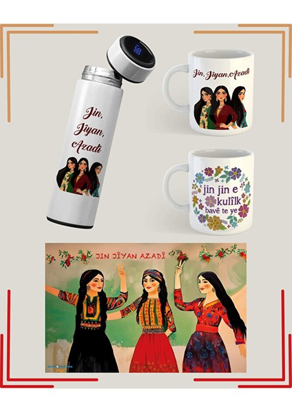 Jin Jiyan Azadi Tasarımlı Poster Kupa ve Termos Seti (2 Kupa 1 Termos 1 Poster)
