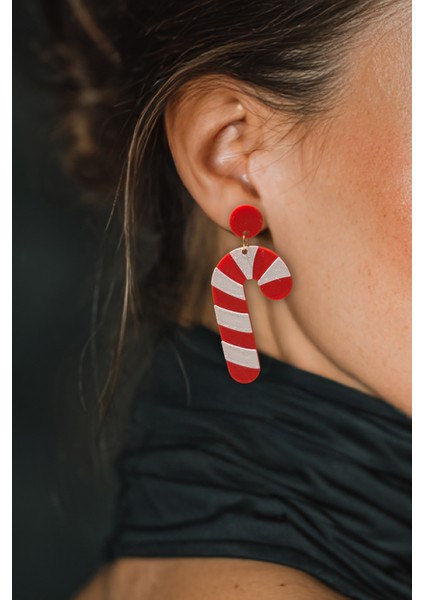 Yılbaşı Baston Şeker Kırmızı Beyaz Özel Tasarım Küpe (Candy Cane)