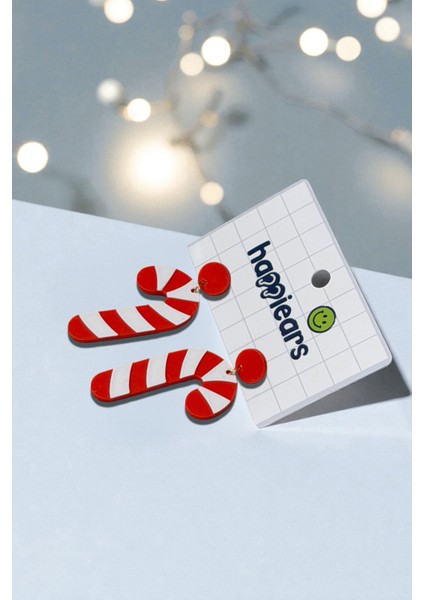 Yılbaşı Baston Şeker Kırmızı Beyaz Özel Tasarım Küpe (Candy Cane) fiyatları