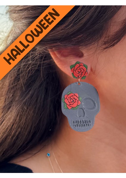 Halloween Cadılar Bayramı Kuru Kafa Gül Özel Tasarım Küpe