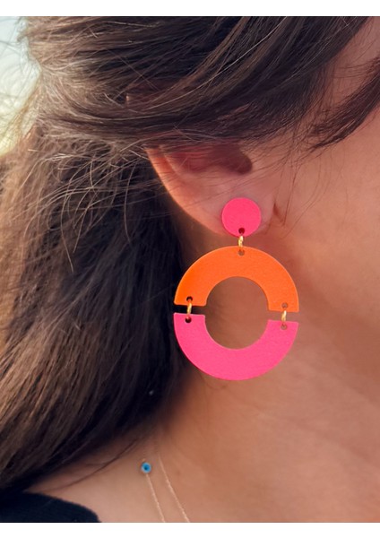 Pembe Turuncu Geometrik Özel Tasarım Küpe