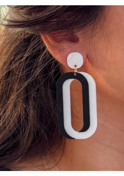 Siyah Beyaz Geometrik Halkalı Özel Tasarım Küpe