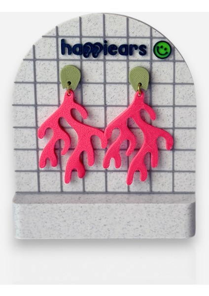 Pembe Mercan Formlu Yeşil Detaylı Özel Tasarım Küpe modelleri