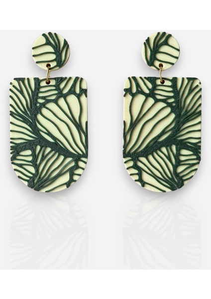 Krem Zemin Üzerine Yeşil Doğal Desenli Özel Tasarım Küpe fiyatları