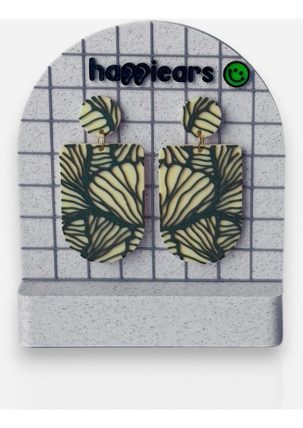 Krem Zemin Üzerine Yeşil Doğal Desenli Özel Tasarım Küpe modelleri