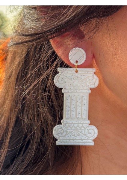 Antik Sütun Desenli Beyaz Özel Tasarım Küpe