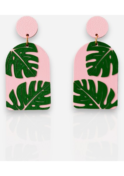 Pembe Zemin Üzerine Yeşil Tropikal Yaprak Desenli Özel Tasarım Küpe fiyatları