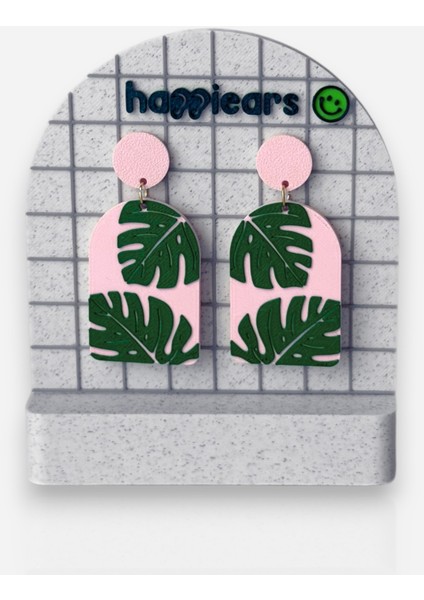 Pembe Zemin Üzerine Yeşil Tropikal Yaprak Desenli Özel Tasarım Küpe modelleri