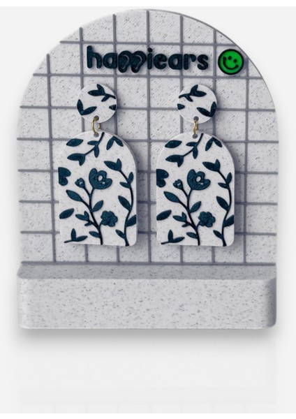 Beyaz Zemin Üzerine Koyu Mavi Çiçek Desenli Özel Tasarım Küpe modelleri