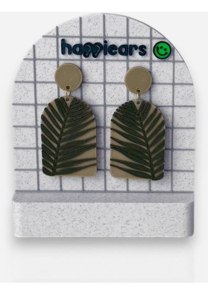 Bej Zemin Üzerine Yeşil Yaprak Desenli Özel Tasarım Küpe modelleri