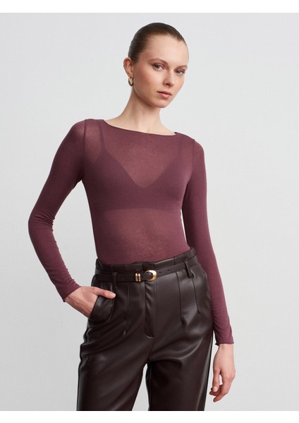 32122 Kayık Yaka Modal Kaşmir Ultra Hafif Bluz-Mürdüm