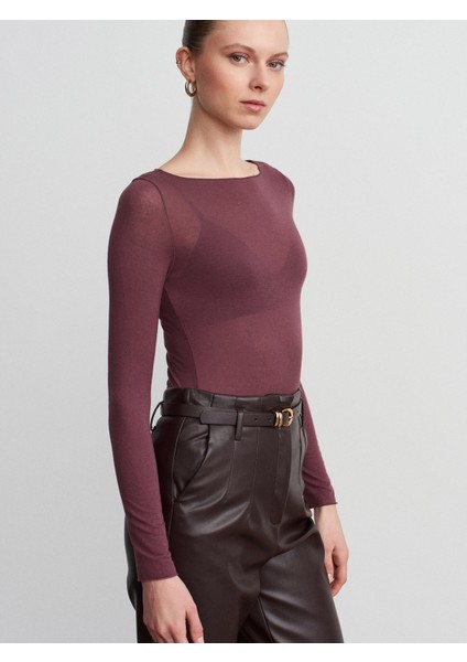 32122 Kayık Yaka Modal Kaşmir Ultra Hafif Bluz-Mürdüm fiyatları