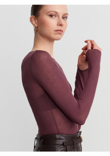 32122 Kayık Yaka Modal Kaşmir Ultra Hafif Bluz-Mürdüm fırsatları