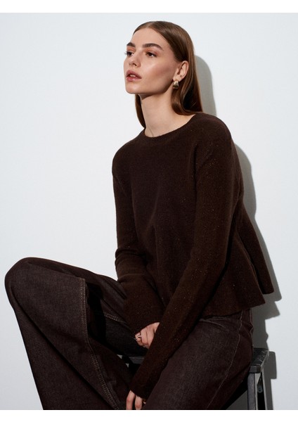 10832 Peplum Parıltılı Triko Kazak-Kahve