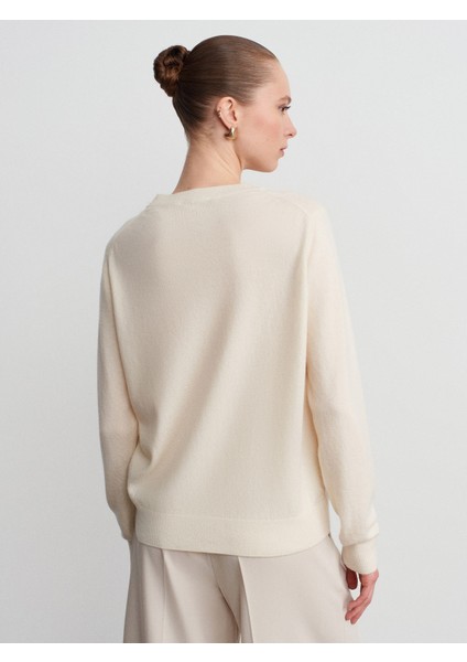 10847 %100 Kaşmir Bisiklet Yaka Kazak-Ekru fırsatları