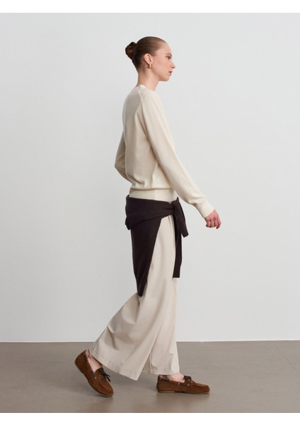 10847 %100 Kaşmir Bisiklet Yaka Kazak-Ekru indirimleri