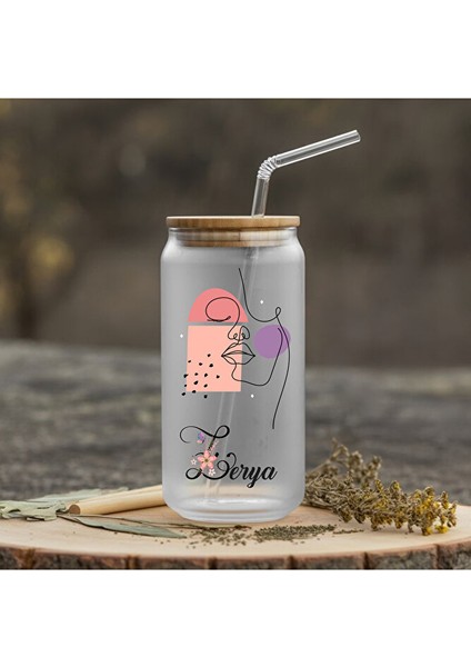 Isme Özel Kadın Çizimli Tasarımlı Pipetli Su Süt Meyve Suyu Cam Suluk (Isim Için Mesaj Çekiniz)