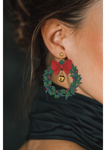 Yılbaşı Kırmızı Fiyonk & Çan Detaylı Noel Çelengi Özel Tasarım Küpe