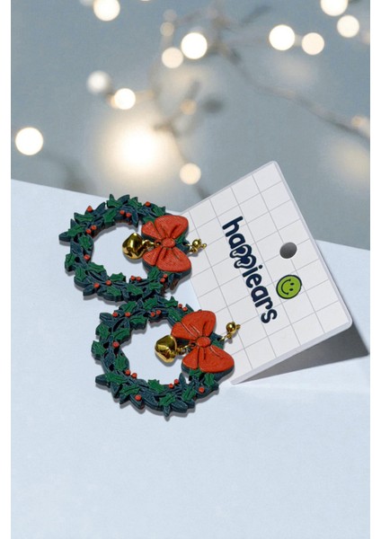 Yılbaşı Kırmızı Fiyonk & Çan Detaylı Noel Çelengi Özel Tasarım Küpe fiyatları