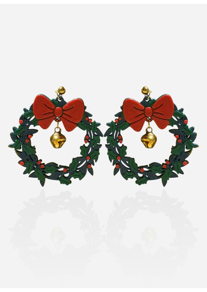 Yılbaşı Kırmızı Fiyonk & Çan Detaylı Noel Çelengi Özel Tasarım Küpe modelleri