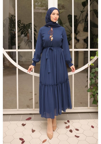 Lacivert Eteği Katlı Kuşaklı Şifon Elbise