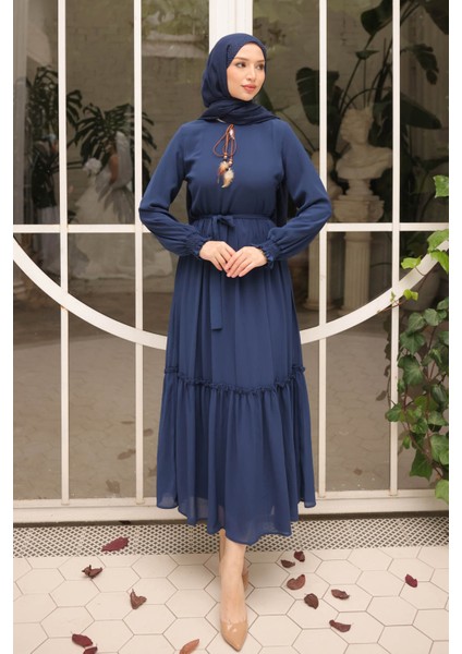 Lacivert Eteği Katlı Kuşaklı Şifon Elbise fiyatları