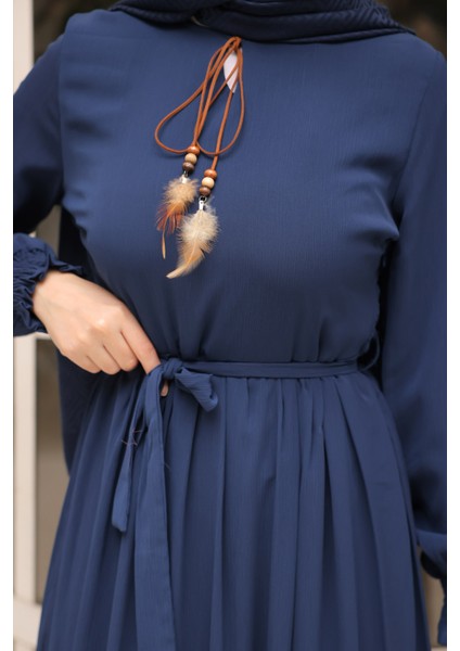 Lacivert Eteği Katlı Kuşaklı Şifon Elbise modelleri