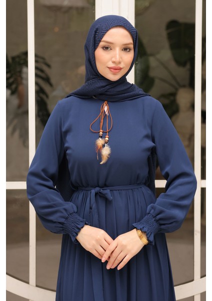 Lacivert Eteği Katlı Kuşaklı Şifon Elbise indirimleri