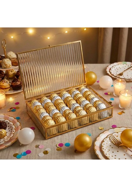 Cam Kapaklı Metal Çerçeveli Aynalı Kız Isteme Çikolata Kutusu - Büyük Sandık 35X24X6 cm