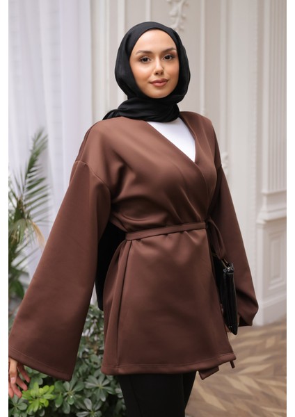 Kahverengi Kuşaklı Scuba Kimono