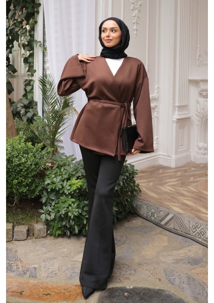 Kahverengi Kuşaklı Scuba Kimono fiyatları