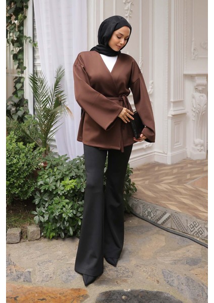 Kahverengi Kuşaklı Scuba Kimono modelleri