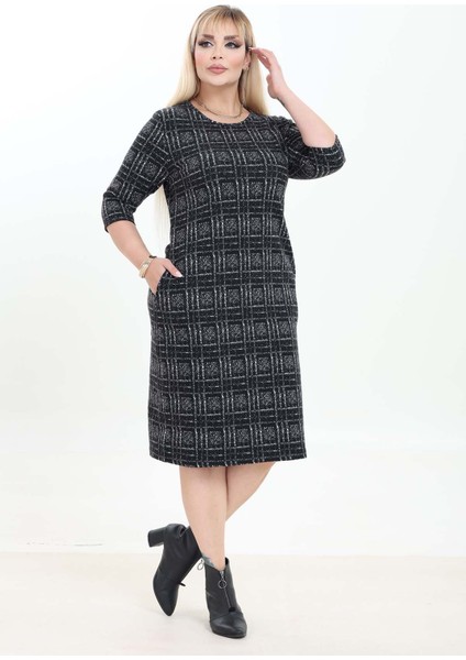 Çift Cepli Desenli Esnek Kışlık Büyük Beden Midi Elbise 4D-2755 modelleri