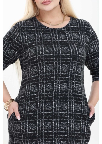 Çift Cepli Desenli Esnek Kışlık Büyük Beden Midi Elbise 4D-2755 indirimleri