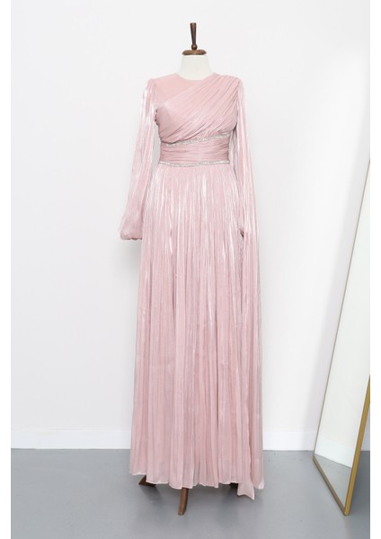 Pudra Bel Büzgülü Taşlı Abiye