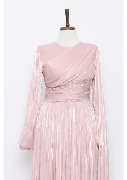 Pudra Bel Büzgülü Taşlı Abiye modelleri