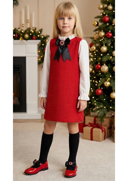 Kız Çocuk Vanessa Broş Detaylı Tüvit Kırmızıı Uzun Kollu Yılbaşı Elbisesi
